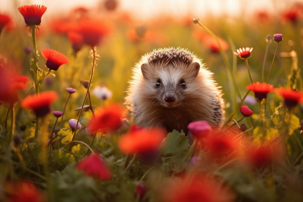 Cute hedgehog outdoors flower animal. AI generated Image by rawpixel.