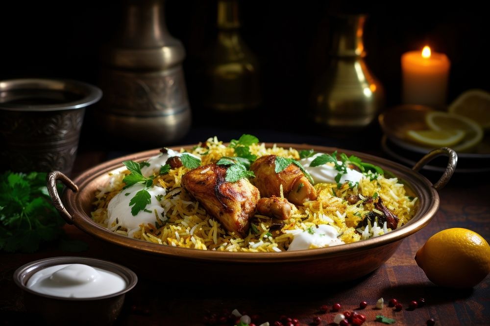 Chicken Tikka Biryani biryani table food. AI generated Image by rawpixel.