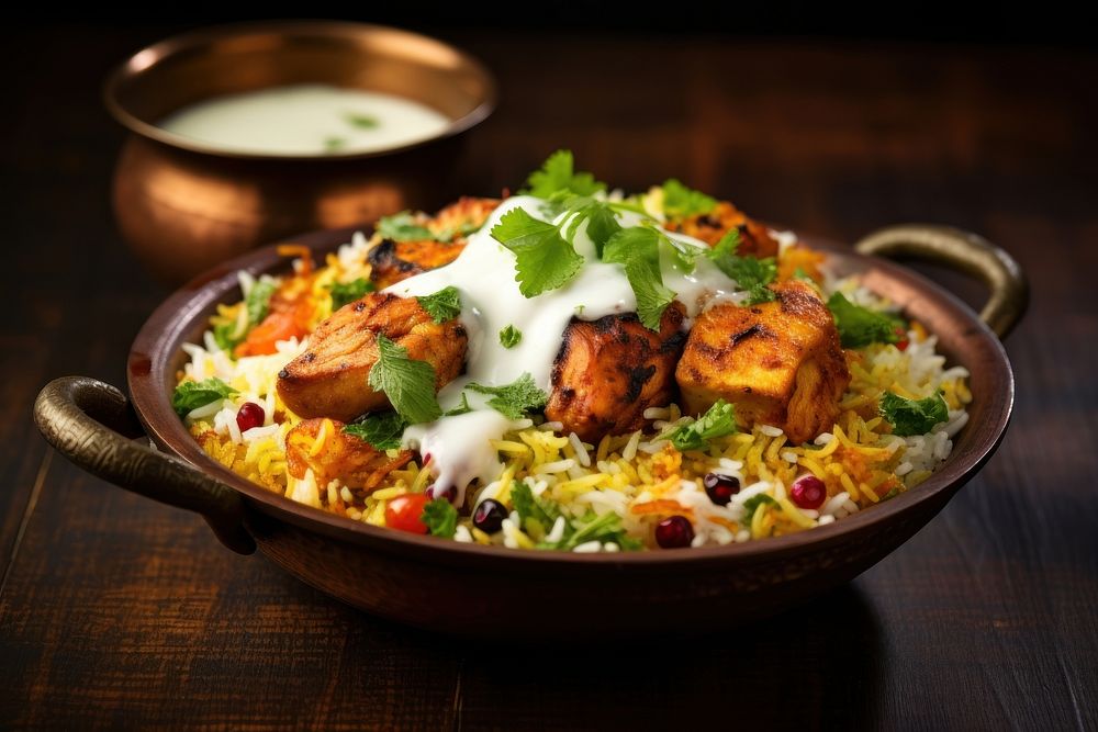 Chicken Tikka Biryani biryani raita food. AI generated Image by rawpixel.