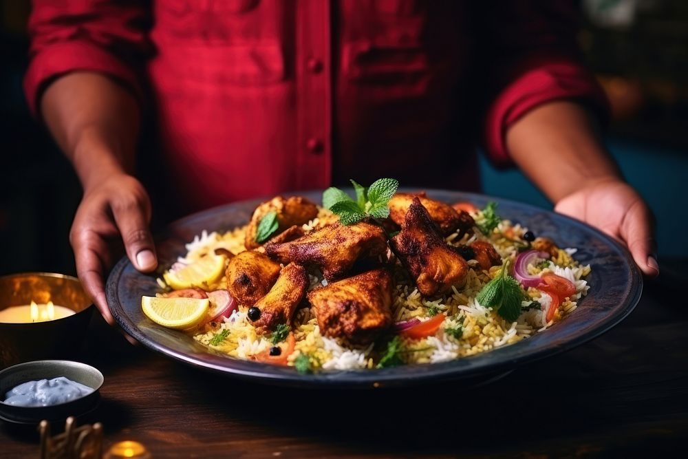 Chicken Tikka Biryani biryani plate table. 