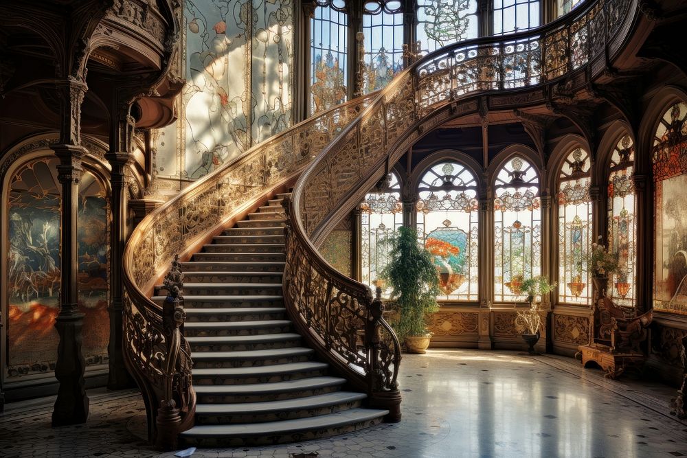 Castle architecture staircase building mansion. 