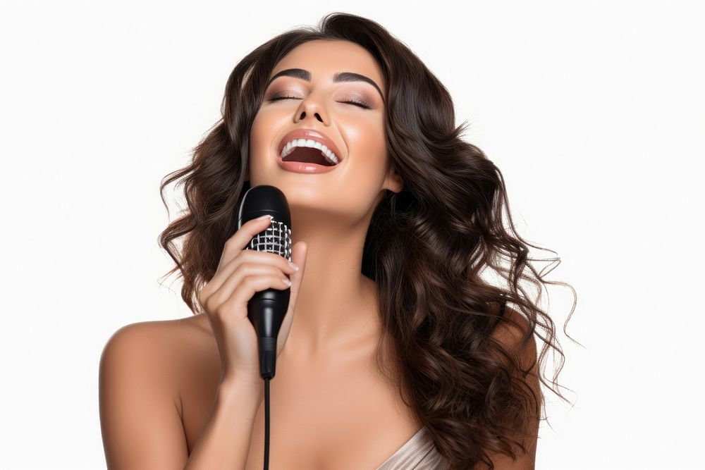 Half body woman singing microphone laughing adult. AI generated Image by rawpixel.