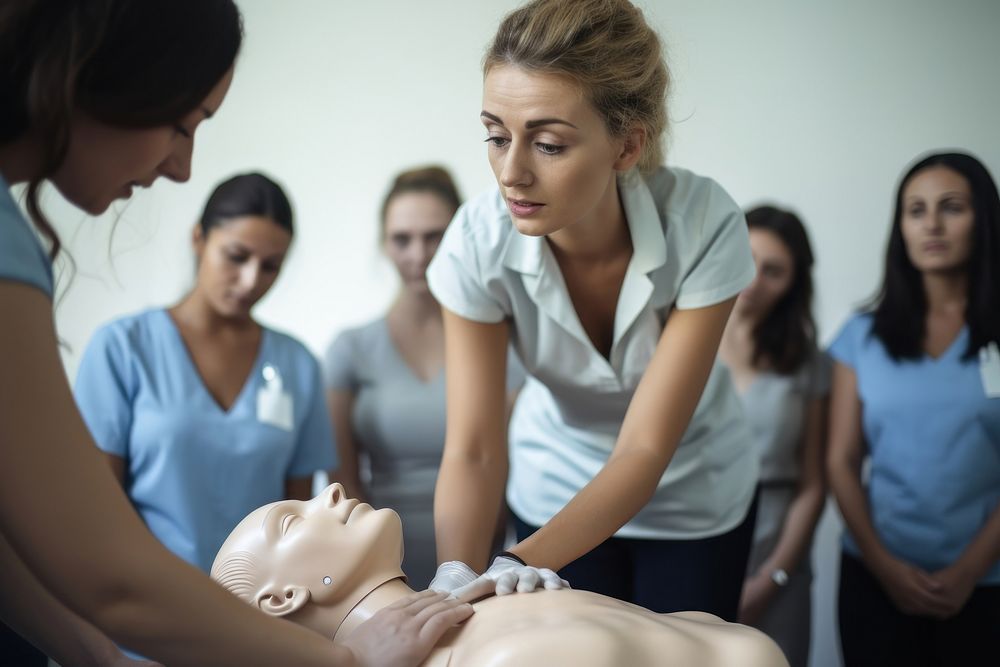 Teacher giving first aid training adult togetherness cooperation. 