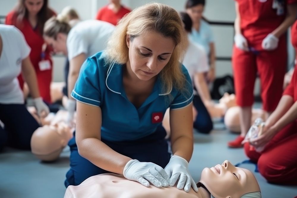 Teacher giving first aid training adult accessories protection. 