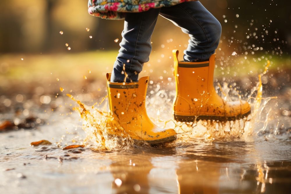 Kid playing with water, rain boots photo. AI generated image by rawpixel.