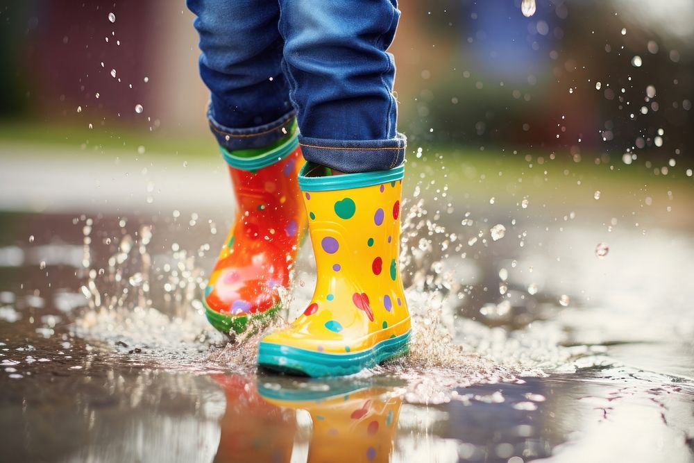 Kid playing with water, rain boots photo. .