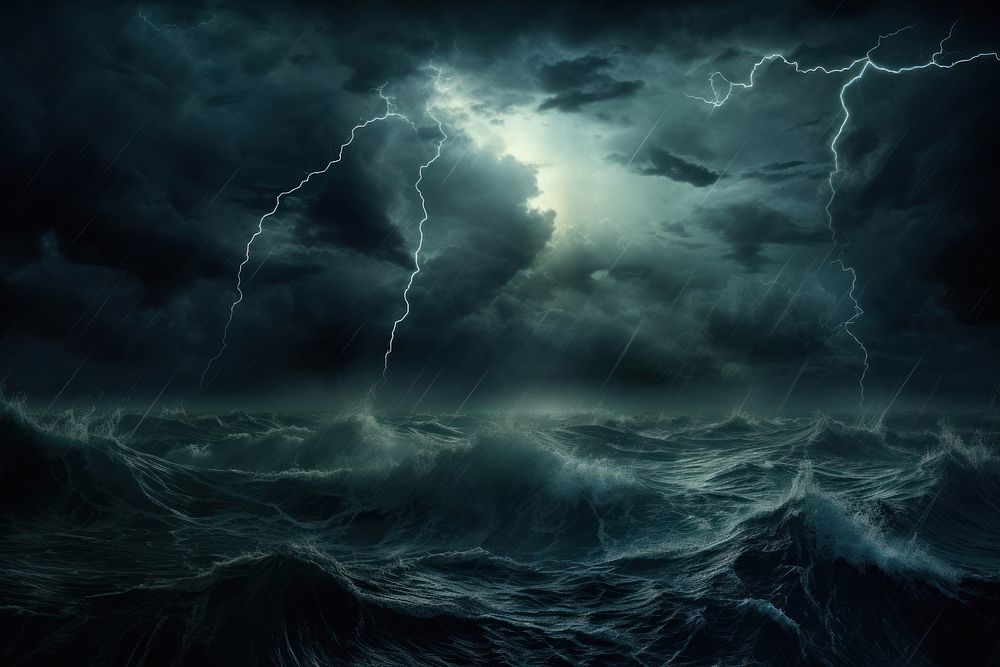 Dark fantasy scene thunderstorm sea lightning. AI generated Image by rawpixel.