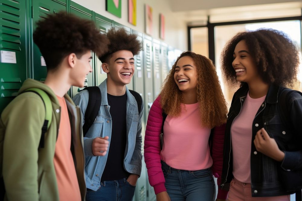 High school students laughing talking adult. AI generated Image by rawpixel.