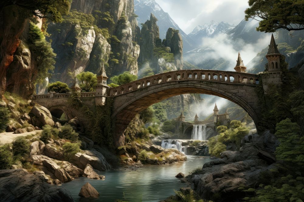 Fantasy stone caste bridge architecture waterfall. AI generated Image by rawpixel.
