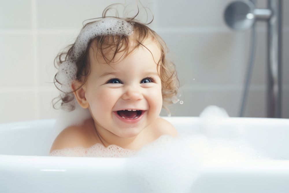 Baby laughing portrait bathing. AI generated Image by rawpixel.