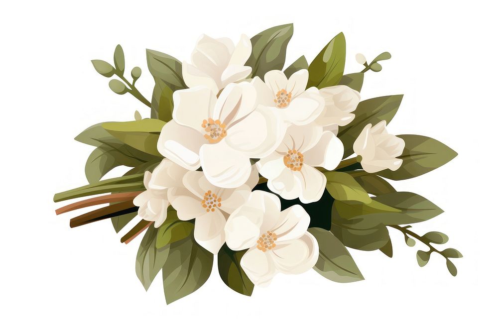 A white flower bouquet ribbon plant white background. 