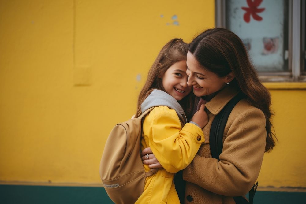 Hugging adult happy coat. 