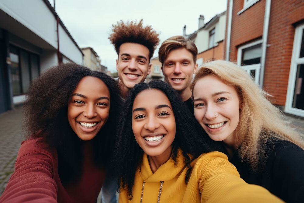 Selfie laughing portrait people. 