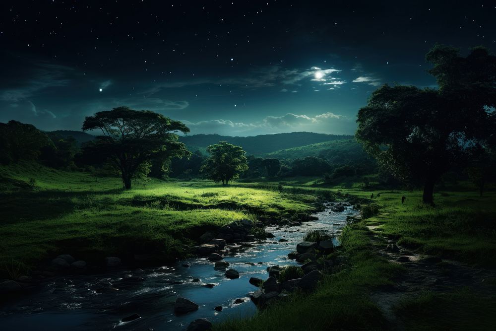 Landscape nature night green. AI generated Image by rawpixel.