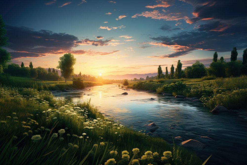 Landscape nature sunset green. AI generated Image by rawpixel.