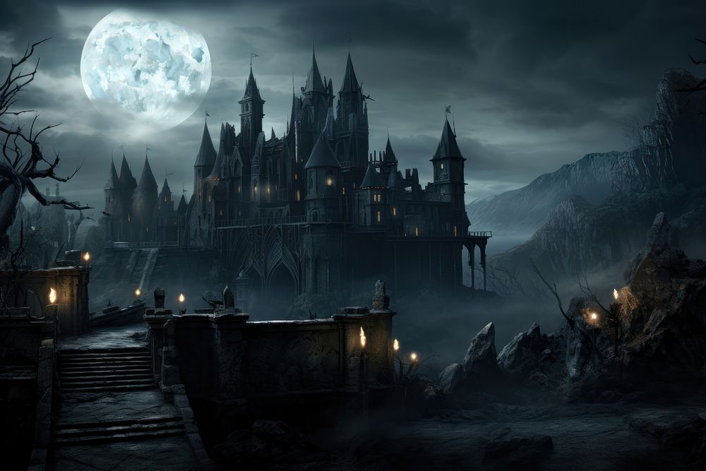 Outdoors castle night moon. AI generated Image by rawpixel.