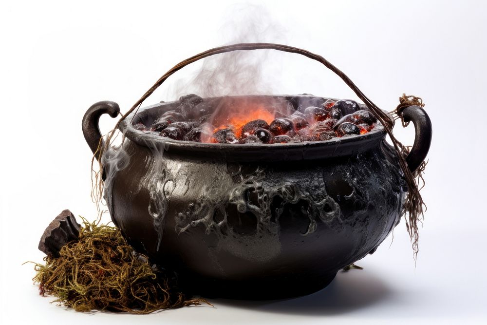 Witch cauldron white background fireplace cookware. AI generated Image by rawpixel.