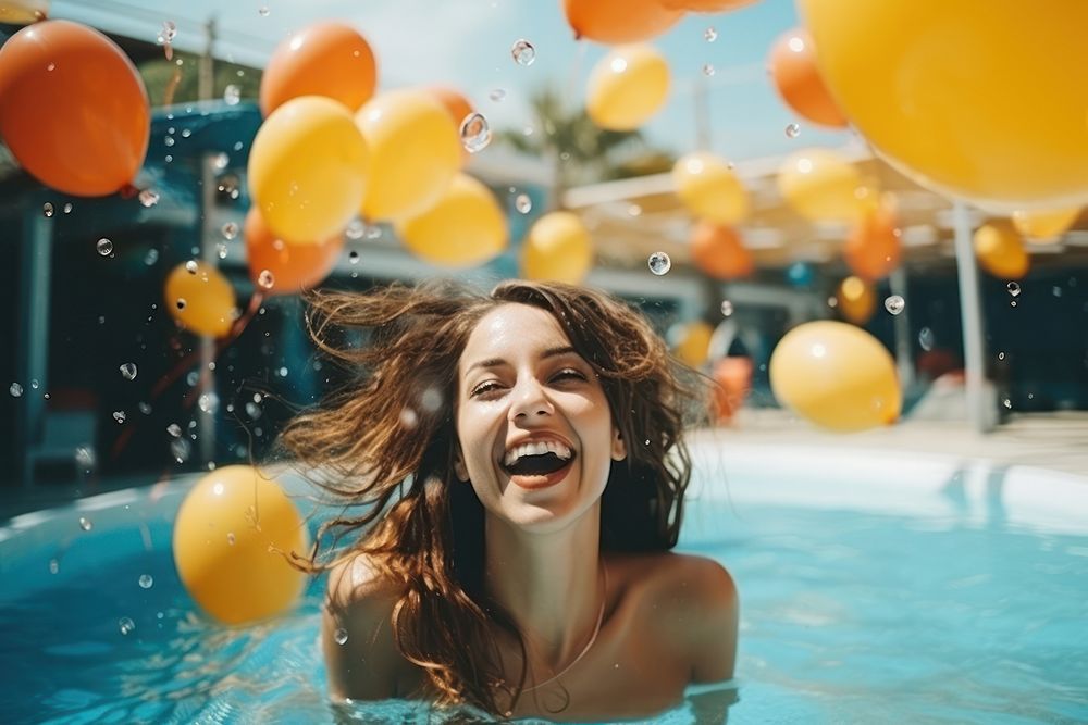Swimming laughing balloon party. AI generated Image by rawpixel.