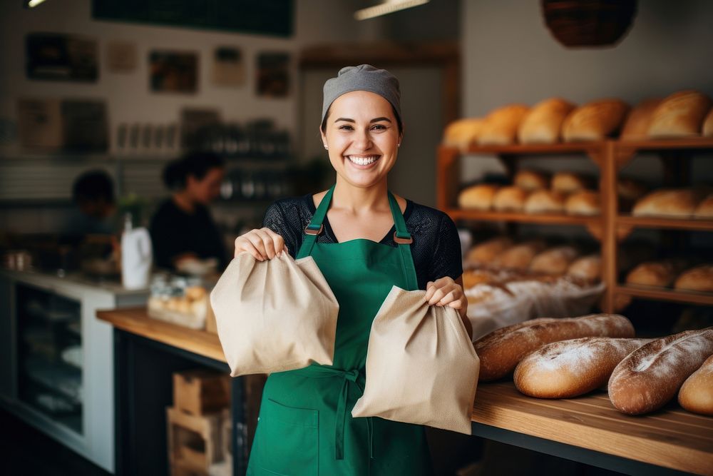 Bread smiling holding bakery. AI generated Image by rawpixel.