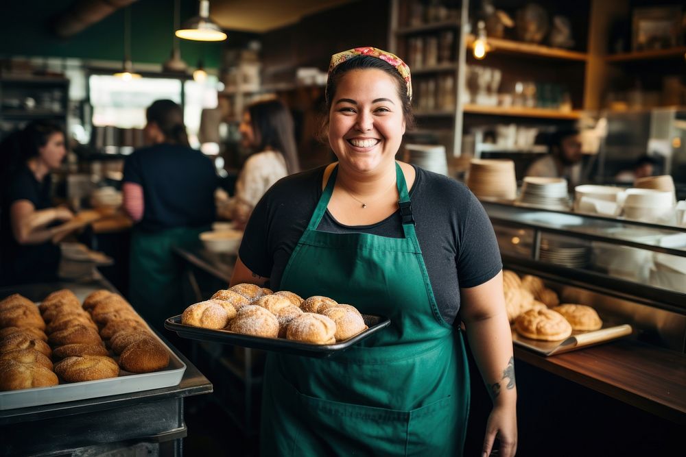 Bread smiling holding bakery. 