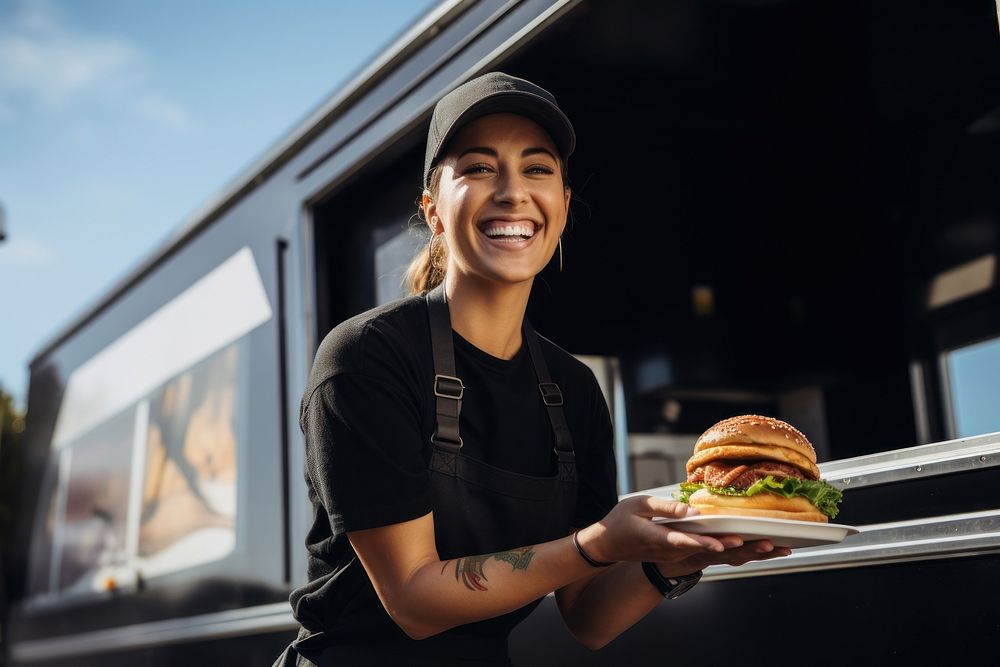 Food hamburger standing smiling. 