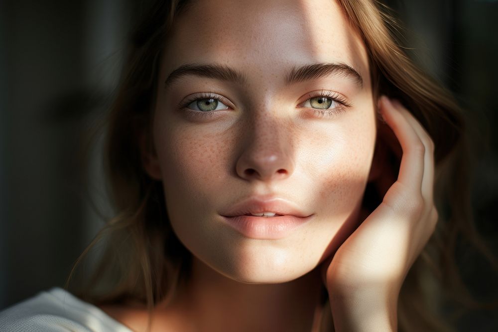 Woman wearing a moisturizing primer portrait cheek photo. 