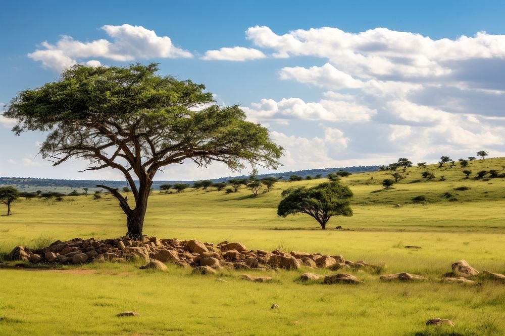 African savanna landscape tree grassland. AI generated Image by rawpixel.