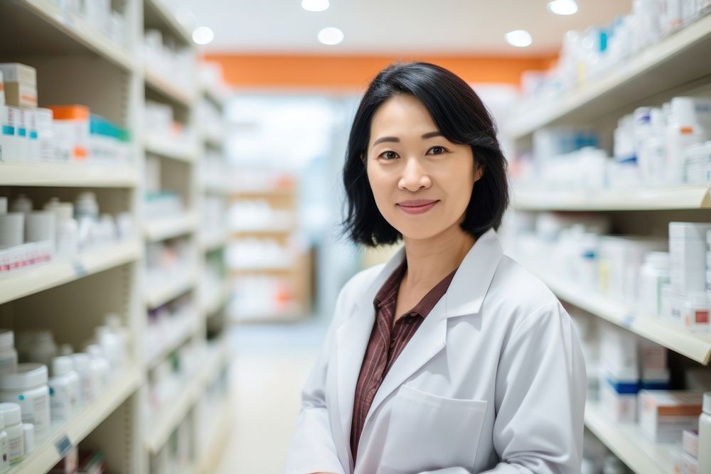 Asian middle age female pharmacist pharmacy customer medicine. 