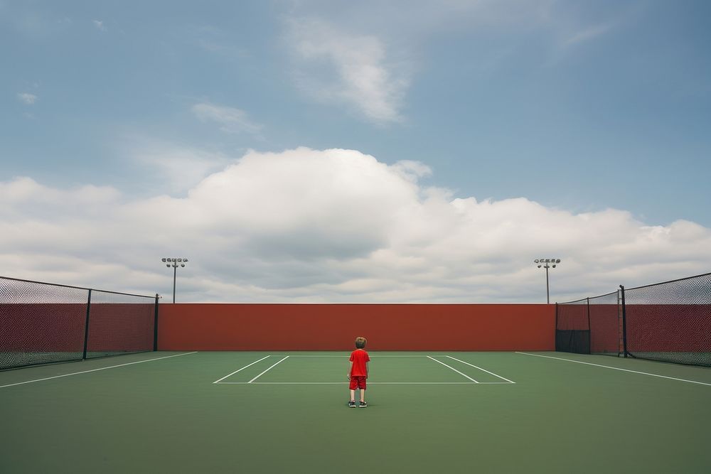 Tennis court boy sports ball. 