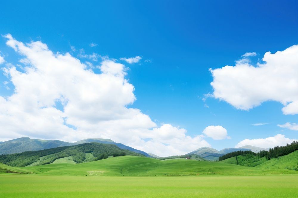 Blue sky landscape grassland mountain. AI generated Image by rawpixel.