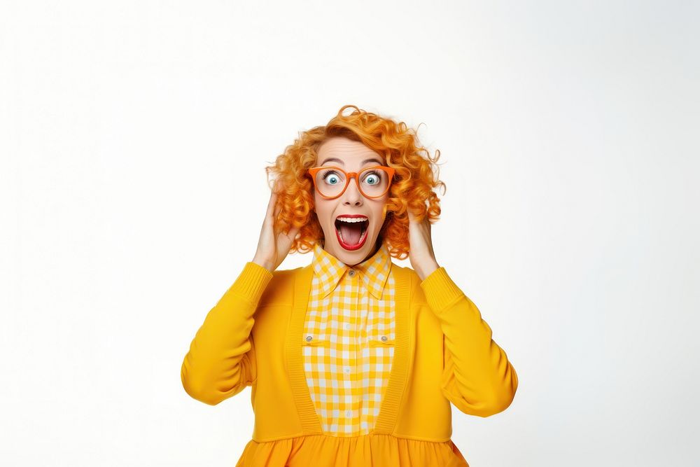 Surprised woman in yellow outfit. 