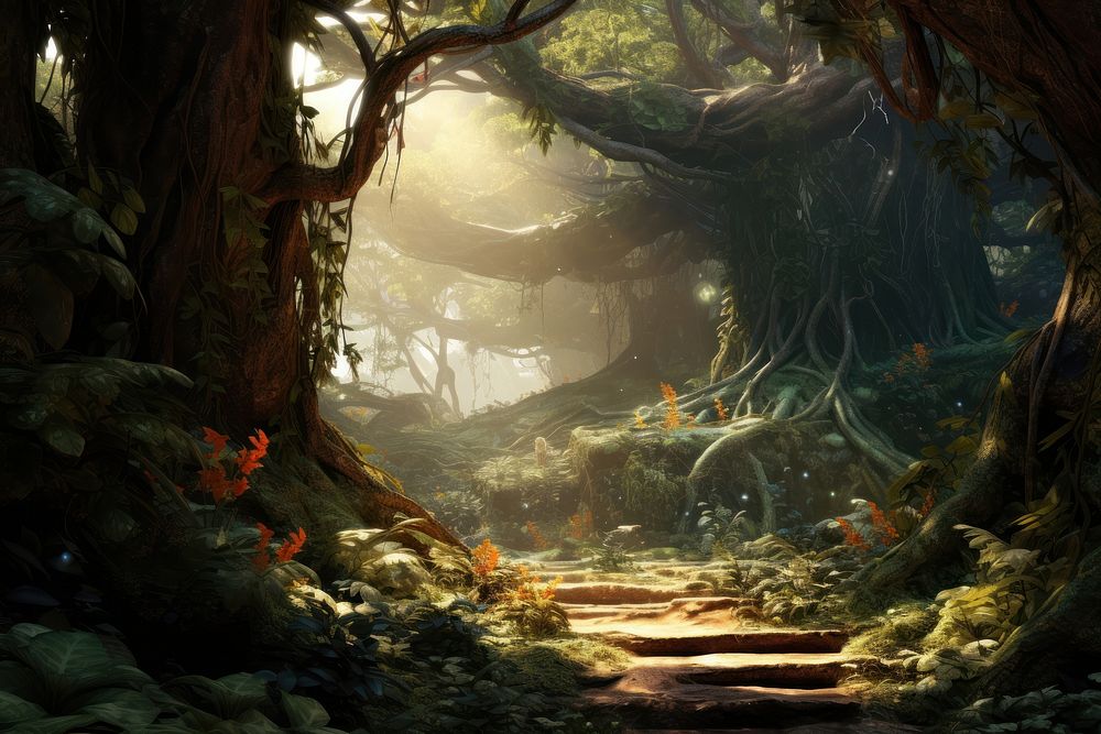 Magical fantasy wood outdoors woodland forest. AI generated Image by rawpixel.