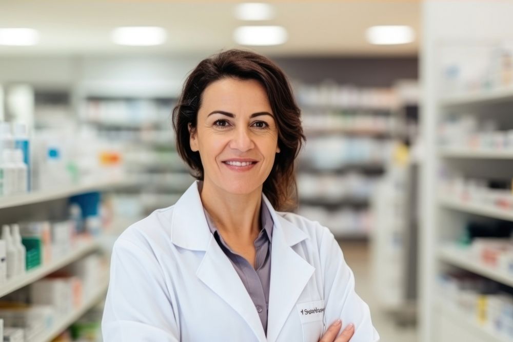 Middle age female latin pharmacist pharmacy medical adult. AI generated Image by rawpixel.