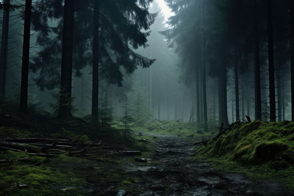 Misty forest outdoors woodland nature. AI generated Image by rawpixel.