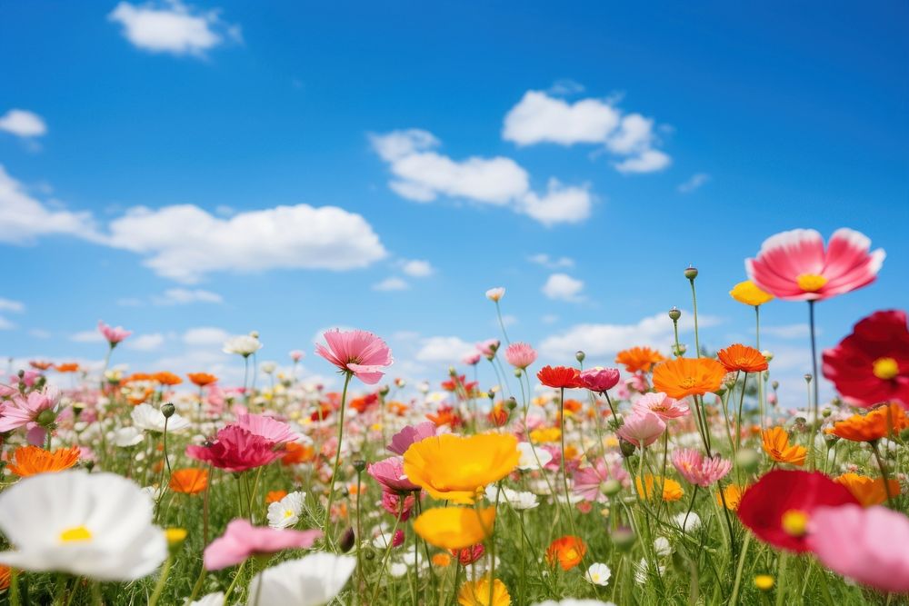 Spring flower field sky. AI generated Image by rawpixel.