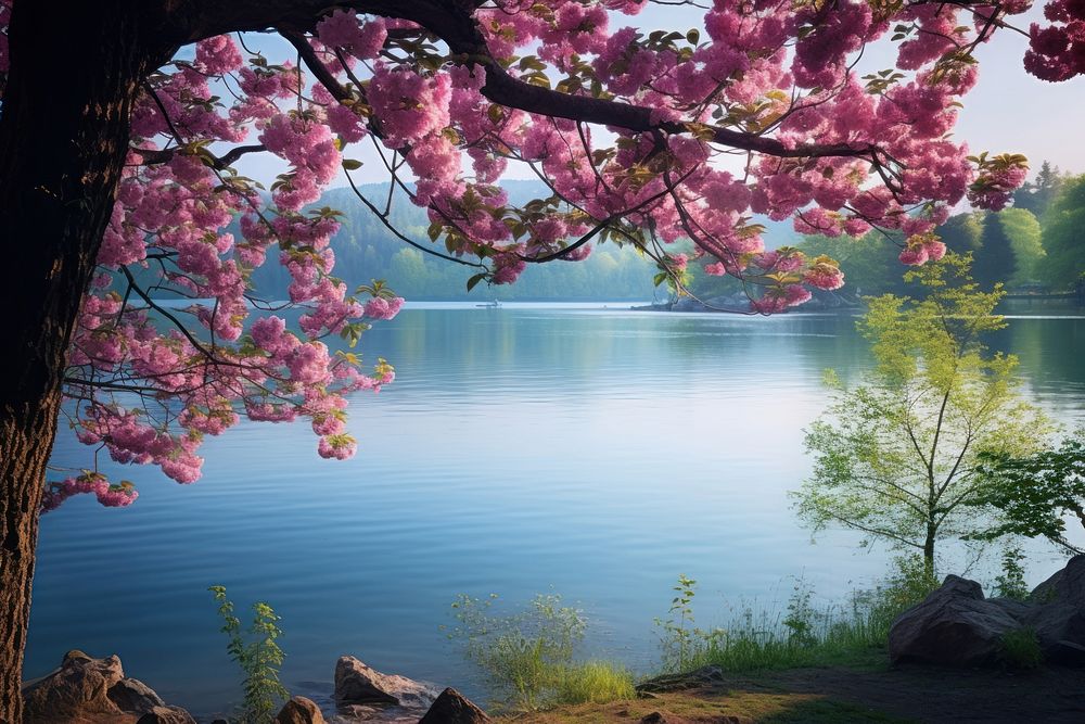 Spring lake landscape outdoors. AI generated Image by rawpixel.