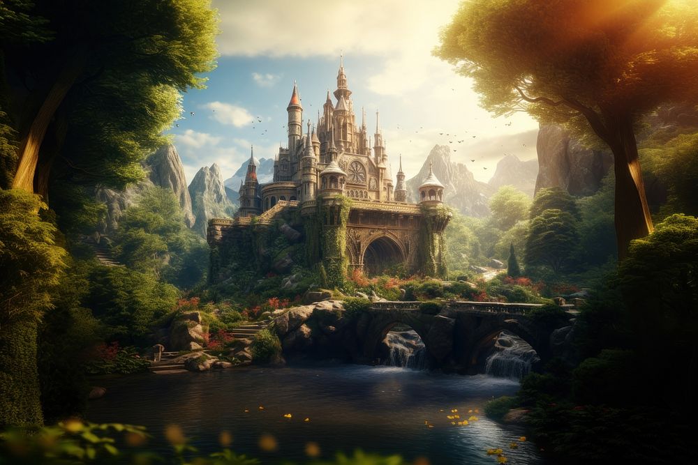 Mystical castle landscape outdoors nature. AI generated Image by rawpixel.