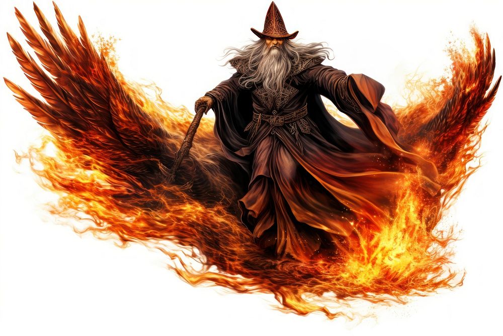 Wizard riding a phoenix fantasy bonfire white background. AI generated Image by rawpixel.