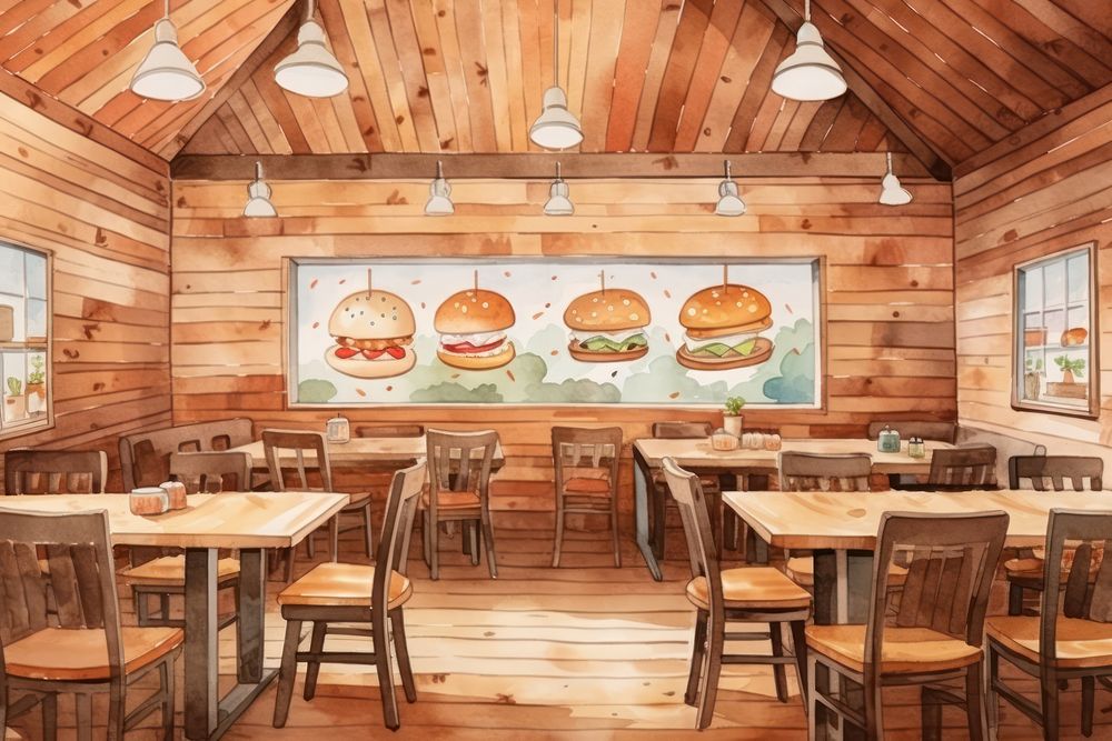 Wooden burger restaurant furniture table chair. AI generated Image by rawpixel.