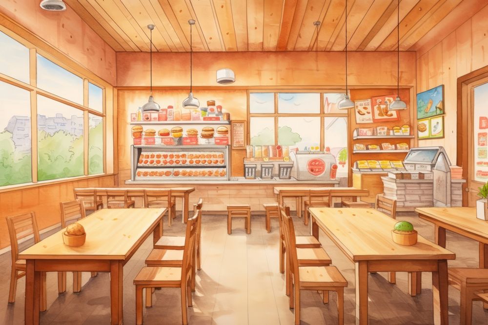 Wooden fast food restaurant furniture cafeteria table. AI generated Image by rawpixel.