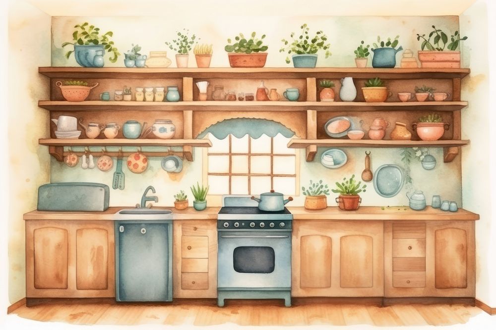 Wooden house kitchen furniture cabinet cartoon. 