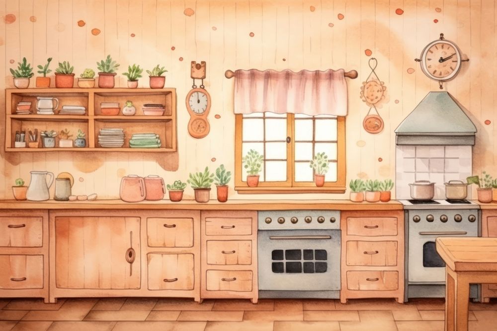 Wooden house kitchen furniture cartoon table. AI generated Image by rawpixel.