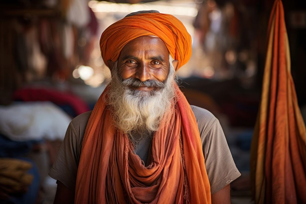 Indian happy Cloth merchant turban architecture tradition. 