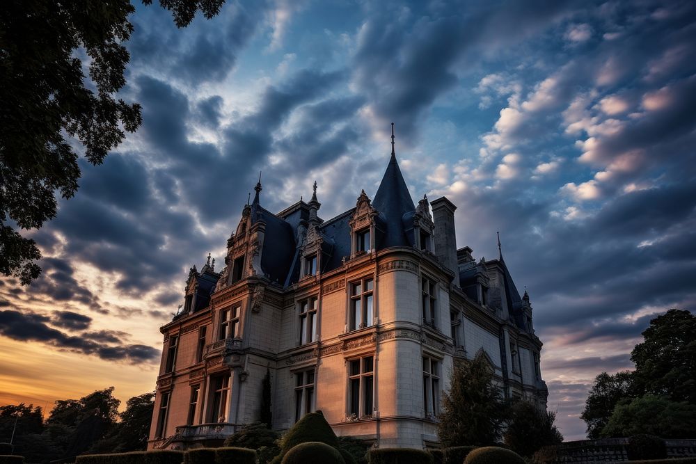 French chateau architecture building evening. AI generated Image by rawpixel.
