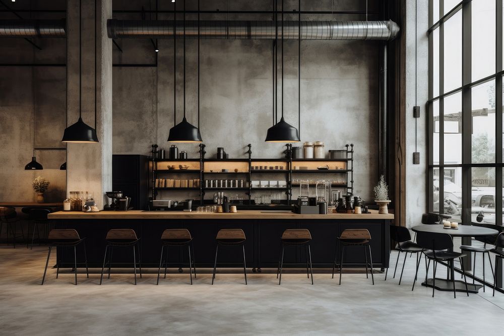 Modern industrial style cafe architecture restaurant furniture. AI generated Image by rawpixel.