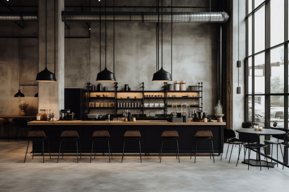 Modern industrial style cafe architecture restaurant furniture. 