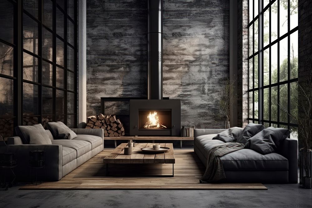 Modern industrial style living room architecture fireplace furniture. AI generated Image by rawpixel.