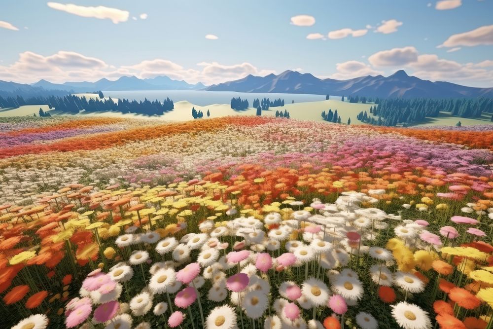 Flower field landscape outdoors blossom. AI generated Image by rawpixel.