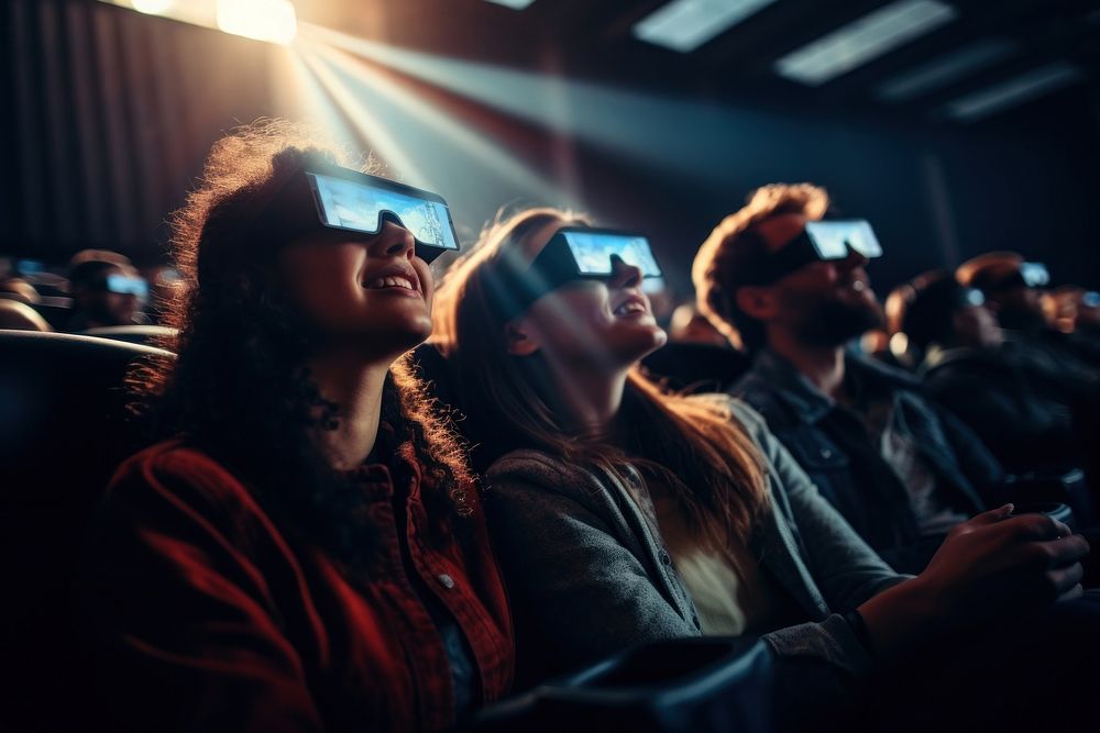 People wearing 3d-glasses watching a movie adult togetherness technology. 