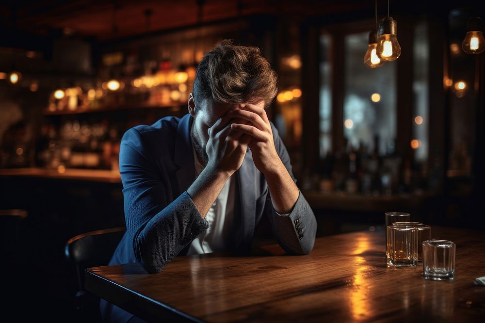 Worried sitting adult bar. AI generated Image by rawpixel.